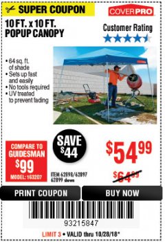 Harbor Freight Coupon COVERPRO 10 FT. X 10 FT. SLANT-LEG POP-UP CANOPY Lot No. 62899 Expired: 10/28/18 - $54.99