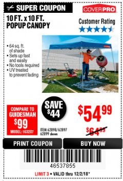 Harbor Freight Coupon COVERPRO 10 FT. X 10 FT. POPUP CANOPY Lot No. 62898/62897/62899/69456 Expired: 12/2/18 - $54.99