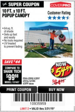 Harbor Freight Coupon COVERPRO 10 FT. X 10 FT. POPUP CANOPY Lot No. 62898/62897/62899/69456 Expired: 3/31/19 - $54.99