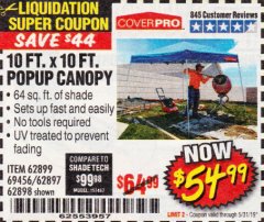 Harbor Freight Coupon COVERPRO 10 FT. X 10 FT. SLANT-LEG POP-UP CANOPY Lot No. 62899 Expired: 5/31/19 - $54.99