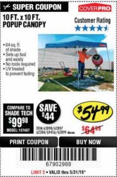 Harbor Freight Coupon COVERPRO 10 FT. X 10 FT. POPUP CANOPY Lot No. 62898/62897/62899/69456 Expired: 5/31/19 - $54.99