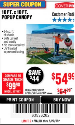 Harbor Freight Coupon COVERPRO 10 FT. X 10 FT. SLANT-LEG POP-UP CANOPY Lot No. 62899 Expired: 5/20/19 - $54.99