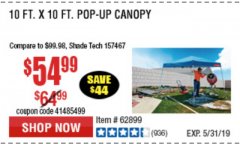 Harbor Freight Coupon COVERPRO 10 FT. X 10 FT. POPUP CANOPY Lot No. 62898/62897/62899/69456 Expired: 5/31/19 - $54.99