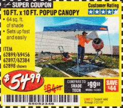 Harbor Freight Coupon COVERPRO 10 FT. X 10 FT. POPUP CANOPY Lot No. 62898/62897/62899/69456 Expired: 7/31/19 - $54.99
