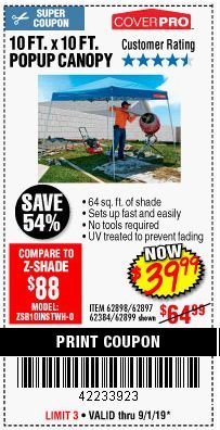 Harbor Freight Coupon COVERPRO 10 FT. X 10 FT. POPUP CANOPY Lot No. 62898/62897/62899/69456 Expired: 9/2/19 - $39.99