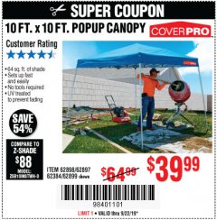 Harbor Freight Coupon COVERPRO 10 FT. X 10 FT. SLANT-LEG POP-UP CANOPY Lot No. 62899 Expired: 9/22/19 - $39.99