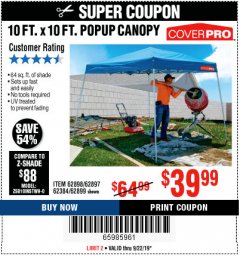 Harbor Freight Coupon COVERPRO 10 FT. X 10 FT. POPUP CANOPY Lot No. 62898/62897/62899/69456 Expired: 9/22/19 - $39.99