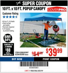 Harbor Freight Coupon COVERPRO 10 FT. X 10 FT. POPUP CANOPY Lot No. 62898/62897/62899/69456 Expired: 9/22/19 - $39.99