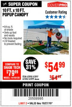 Harbor Freight Coupon COVERPRO 10 FT. X 10 FT. SLANT-LEG POP-UP CANOPY Lot No. 62899 Expired: 10/27/19 - $54.99