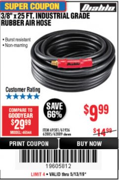 Harbor Freight Coupon DIABLO 3/8 IN. X 25 FT. PREMIUM RUBBER AIR HOSE Lot No. 61936/69581/62885/62889 Expired: 5/13/19 - $9.99