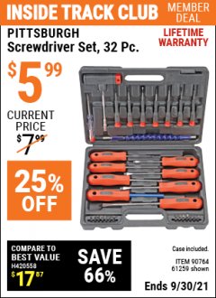 Harbor Freight ITC Coupon 32 PIECE SCREWDRIVER SET Lot No. 61259/90764 Expired: 9/30/21 - $5.99