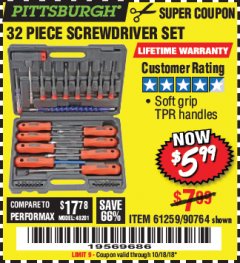 Harbor Freight Coupon 32 PIECE SCREWDRIVER SET Lot No. 61259/90764 Expired: 10/18/18 - $5.99