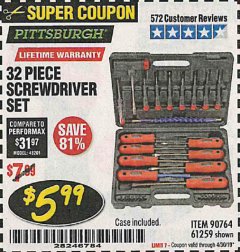 Harbor Freight Coupon 32 PIECE SCREWDRIVER SET Lot No. 61259/90764 Expired: 4/30/19 - $5.99