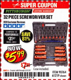 Harbor Freight Coupon 32 PIECE SCREWDRIVER SET Lot No. 61259/90764 Expired: 3/31/20 - $5.99