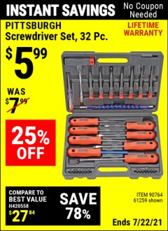 Harbor Freight Coupon 32 PIECE SCREWDRIVER SET Lot No. 61259/90764 Expired: 7/22/21 - $5.99