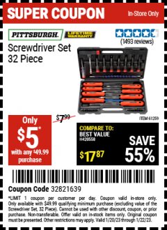 Harbor Freight Coupon 32 PIECE SCREWDRIVER SET Lot No. 61259/90764 Expired: 1/22/23 - $5