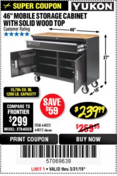 Harbor Freight Coupon YUKON 46 IN. MOBILE WORKBENCH WITH SOLID WOOD TOP Lot No. 64012/57779/57780 Expired: 3/31/19 - $239.99