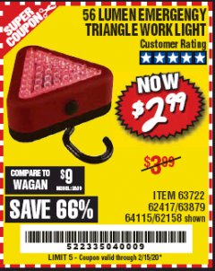 Harbor Freight Coupon EMERGENCY 39 LED TRIANGLE WORK LIGHT Lot No. 64115/62417/62574/63722/63879/62158 Expired: 2/15/20 - $2.99