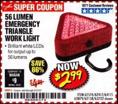 Harbor Freight Coupon EMERGENCY 39 LED TRIANGLE WORK LIGHT Lot No. 64115/62417/62574/63722/63879/62158 Expired: 3/31/20 - $2.99
