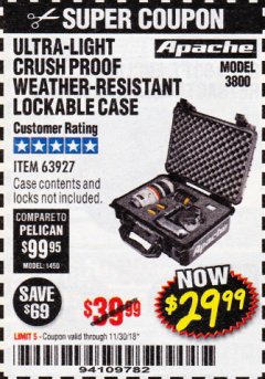 Harbor Freight Coupon APACHE 3800 WEATHERPROOF PROTECTIVE CASE Lot No. 63927 Expired: 11/30/18 - $29.99