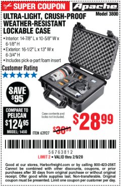Harbor Freight Coupon APACHE 3800 WEATHERPROOF PROTECTIVE CASE Lot No. 63927 Expired: 2/9/20 - $28.99