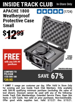 Harbor Freight FREE Coupon APACHE 1800 WEATHERPROOF PROTECTIVE CASE Lot No. 64550/63518 Expired: 3/15/21 - FWP