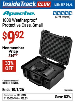 Harbor Freight Coupon APACHE 1800 WEATHERPROOF PROTECTIVE CASE, SMALL, BLACK Lot No. 64550 Valid: 12/31/69 - 10/1/26 - $9.92