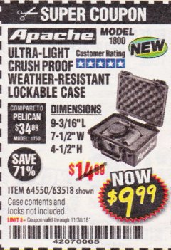 Harbor Freight Coupon APACHE 1800 WEATHERPROOF PROTECTIVE CASE Lot No. 64550/63518 Expired: 11/30/18 - $9.99