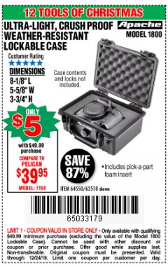 Harbor Freight Coupon APACHE 1800 WEATHERPROOF PROTECTIVE CASE Lot No. 64550/63518 Expired: 12/24/19 - $5