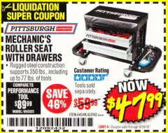 Harbor Freight Coupon MECHANIC'S ROLLER SEAT WITH DRAWERS Lot No. 63762/64548 Expired: 6/30/18 - $47.99