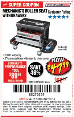 Harbor Freight Coupon MECHANIC'S ROLLER SEAT WITH DRAWERS Lot No. 63762/64548 Expired: 7/31/18 - $47.99