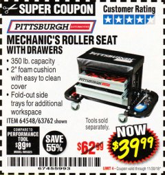 Harbor Freight Coupon MECHANIC'S ROLLER SEAT WITH DRAWERS Lot No. 63762/64548 Expired: 11/30/18 - $39.99
