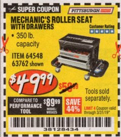 Harbor Freight Coupon MECHANIC'S ROLLER SEAT WITH DRAWERS Lot No. 63762/64548 Expired: 3/31/19 - $49.99