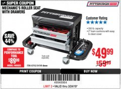 Harbor Freight Coupon MECHANIC'S ROLLER SEAT WITH DRAWERS Lot No. 63762/64548 Expired: 3/24/19 - $49.99