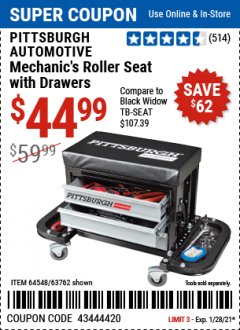 Harbor Freight Coupon MECHANIC'S ROLLER SEAT WITH DRAWERS Lot No. 63762/64548 Expired: 1/28/21 - $44.99