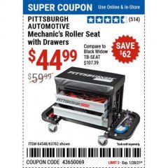 Harbor Freight Coupon MECHANIC'S ROLLER SEAT WITH DRAWERS Lot No. 63762/64548 Expired: 1/29/21 - $44.99