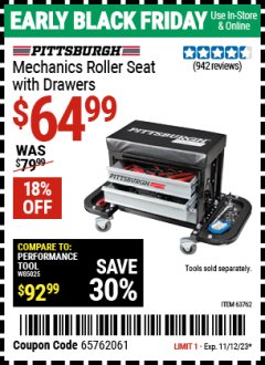 Harbor Freight Coupon MECHANIC'S ROLLER SEAT WITH DRAWERS Lot No. 63762/64548 Expired: 11/12/23 - $64.99