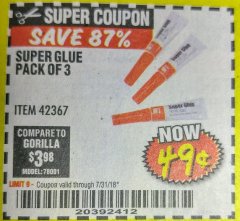Harbor Freight Coupon HFT SUPER GLUE, 3 PACK Lot No. 42367/30986 Expired: 7/31/18 - $0.49