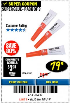 Harbor Freight Coupon HFT SUPER GLUE, 3 PACK Lot No. 42367/30986 Expired: 8/31/18 - $0.79