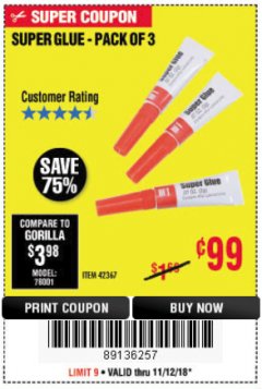 Harbor Freight Coupon SUPER GLUE PACK OF 3 Lot No. 42367 Expired: 11/18/18 - $0.99
