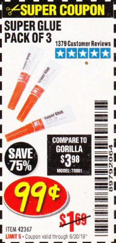 Harbor Freight Coupon HFT SUPER GLUE, 3 PACK Lot No. 42367/30986 Expired: 6/7/19 - $0.99