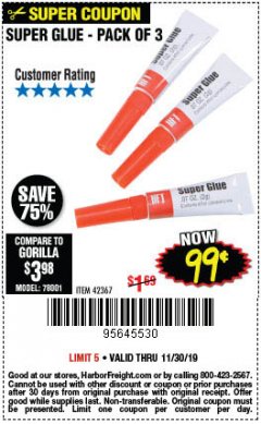 Harbor Freight Coupon SUPER GLUE PACK OF 3 Lot No. 42367 Expired: 11/30/19 - $0.99