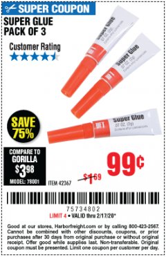 Harbor Freight Coupon SUPER GLUE PACK OF 3 Lot No. 42367 Expired: 2/17/20 - $0.99