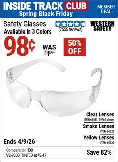 Harbor Freight ITC Coupon WESTERN SAFETY SAFETY GLASSES Lot No. 66822/66823/99762/63851 Expired: 4/9/26 - $0.98
