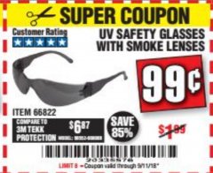 Harbor Freight Coupon WESTERN SAFETY SAFETY GLASSES Lot No. 66822/66823/99762/63851 Expired: 9/11/18 - $0.99