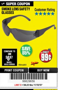 Harbor Freight Coupon WESTERN SAFETY SAFETY GLASSES Lot No. 66822/66823/99762/63851 Expired: 11/18/18 - $0.99