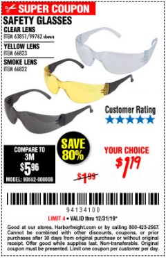 Harbor Freight Coupon WESTERN SAFETY SAFETY GLASSES Lot No. 66822/66823/99762/63851 Expired: 12/31/19 - $1.19