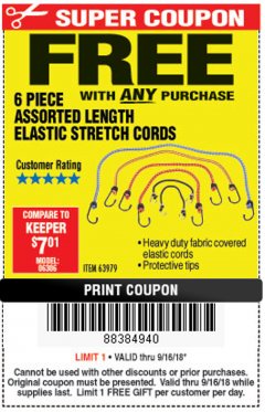 Harbor Freight FREE Coupon HAUL-MASTER ASSORTED LENGTH ELASTIC STRETCH CORDS, 6-PIECE Lot No. 63979 Expired: 9/16/18 - FWP