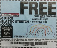 Harbor Freight FREE Coupon HAUL-MASTER ASSORTED LENGTH ELASTIC STRETCH CORDS, 6-PIECE Lot No. 63979 Expired: 6/24/19 - FWP
