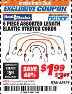 Harbor Freight ITC Coupon 6 PIECE ELASTIC STRETCH CORDS Lot No. 63979 Expired: 2/29/20 - $1.99